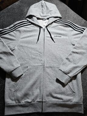 Adidas Gray Full Zip Hoodie 3 Stripe Sleeve Men’s XL